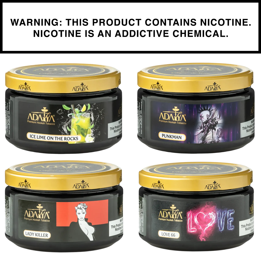 Adalya Hookah Tobacco tins showcasing premium fruit and mint flavor blends