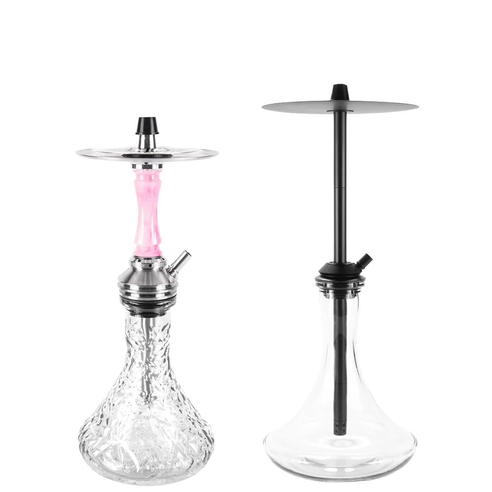 AEON hookah pipes with mouth-blown glass vases and stainless steel stems