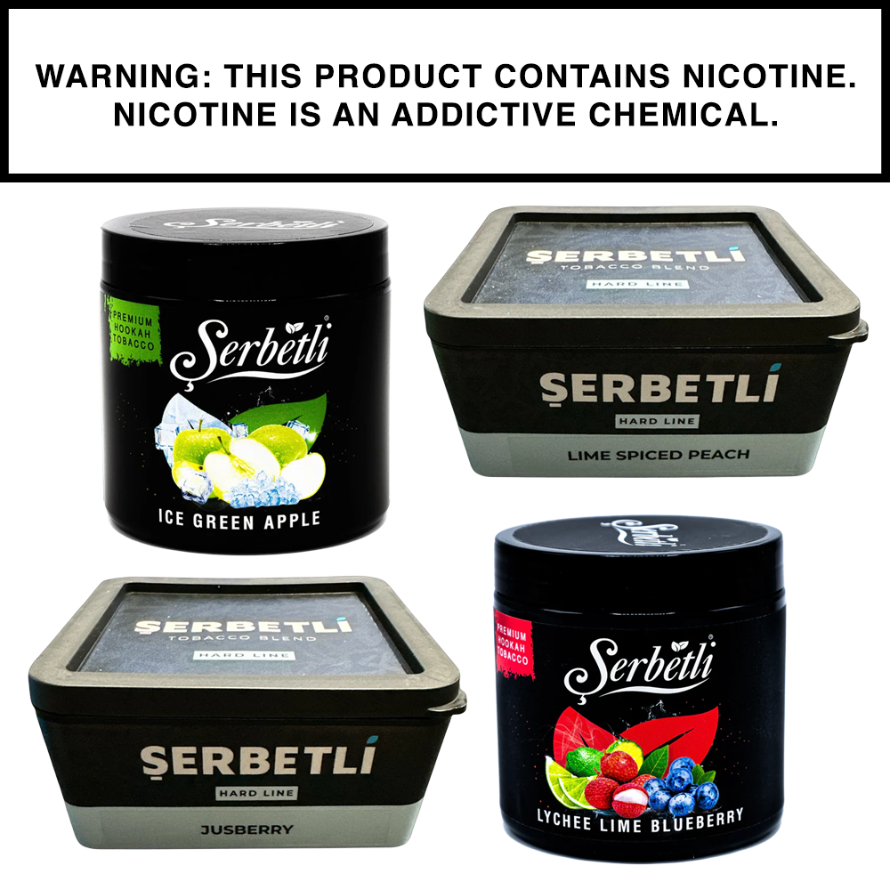 Serbetli hookah tobacco jars featuring vibrant fruit and dessert blends