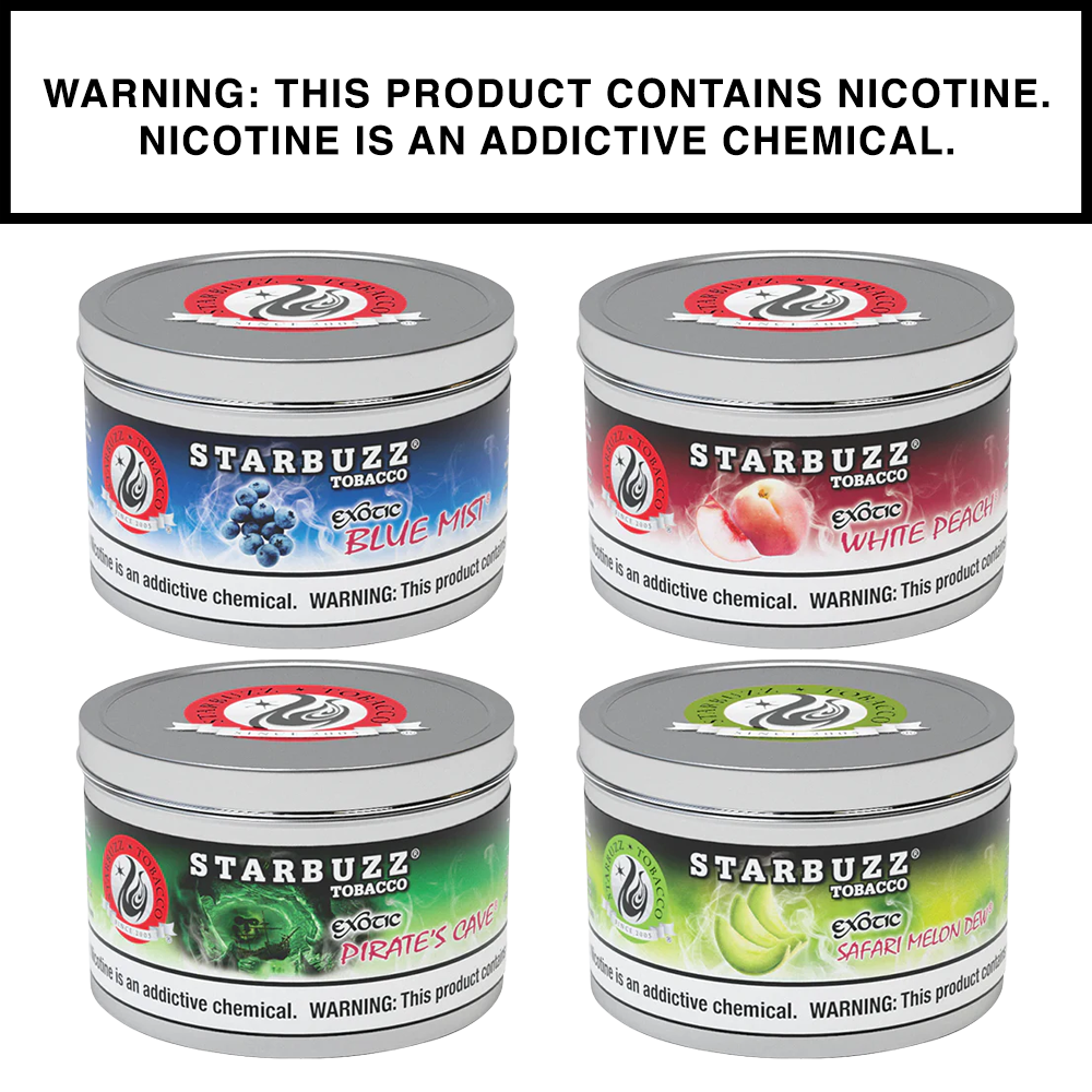 Starbuzz hookah tobacco tins featuring bold flavors and sleek packaging